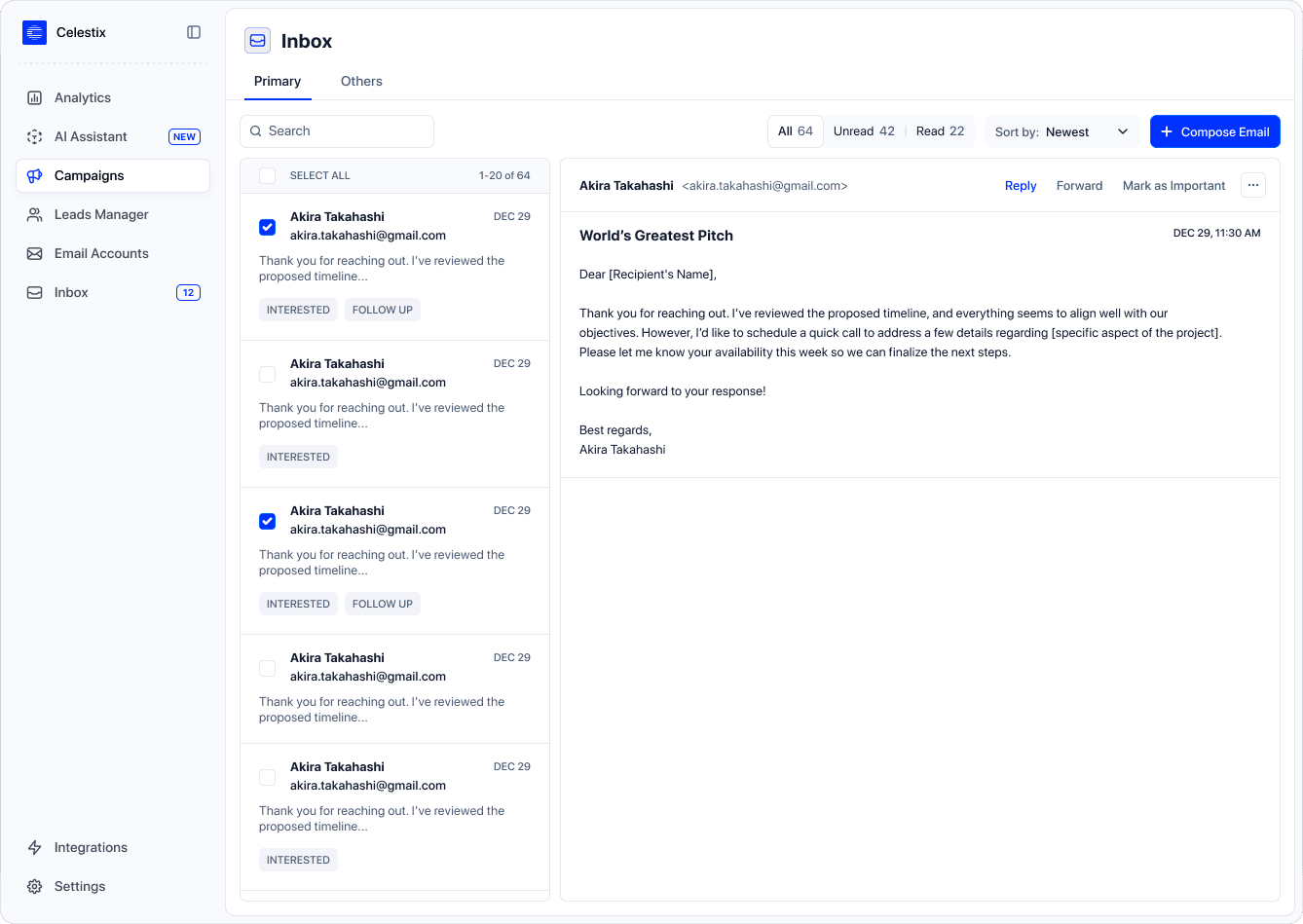 Celestix Inbox: replies tagged Interested and Follow up, with one email open in the reading pane