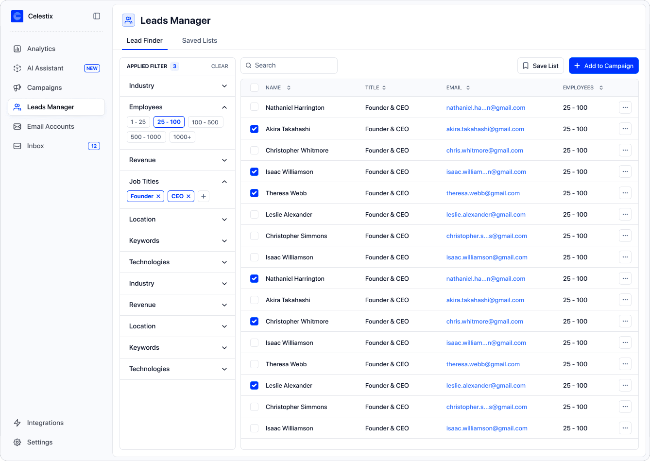Celestix Leads Manager: the Lead Finder, with filters for employees and job titles beside a table of founders, some checked for a campaign