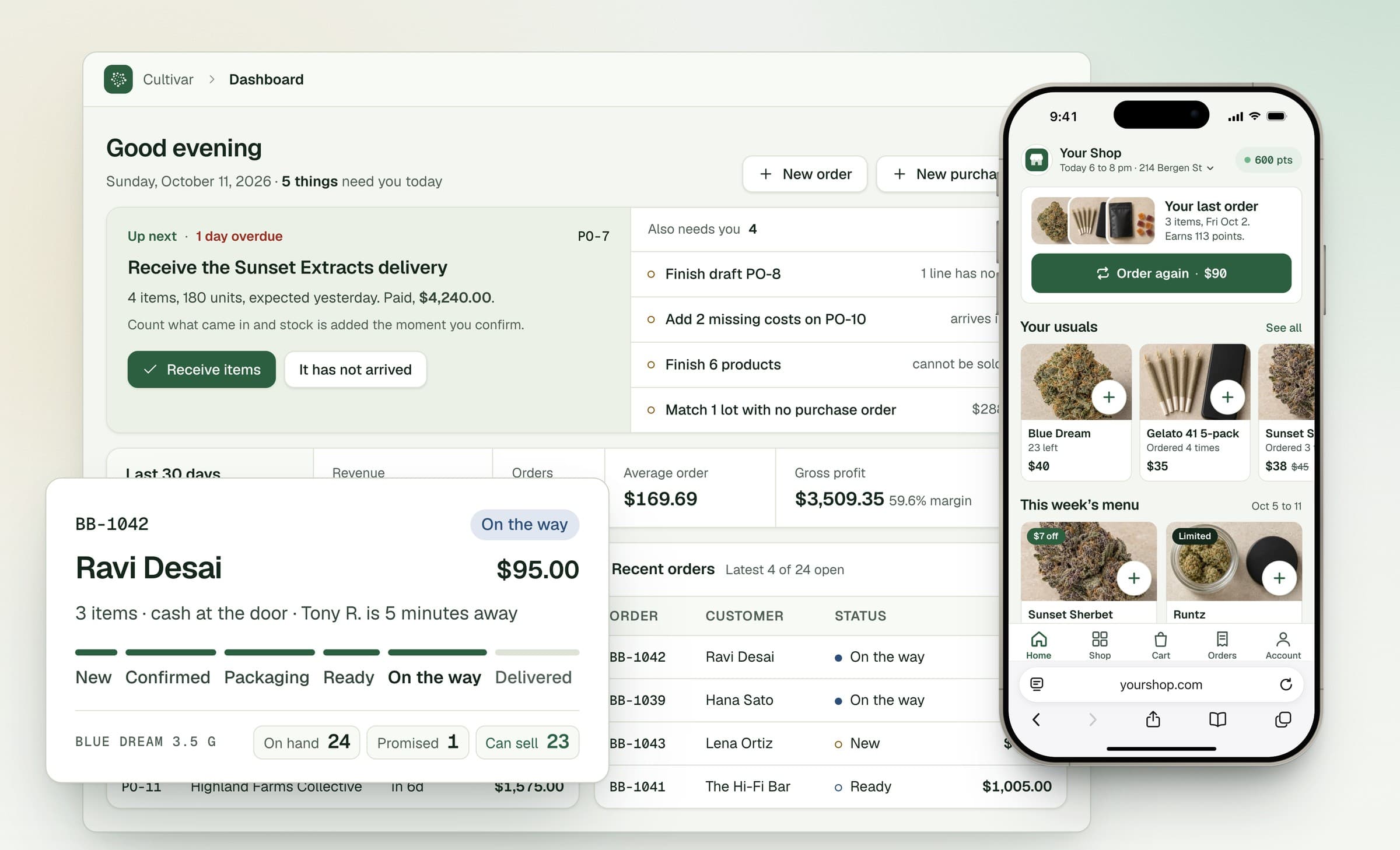 Cultivar: the admin dashboard, the shop's storefront on a phone, and order BB-1042 for Ravi Desai, on the way