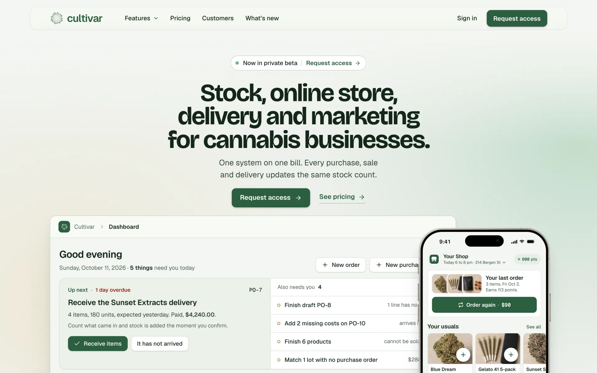 The cultivarplatform.com homepage: stock, online store, delivery and marketing for cannabis businesses