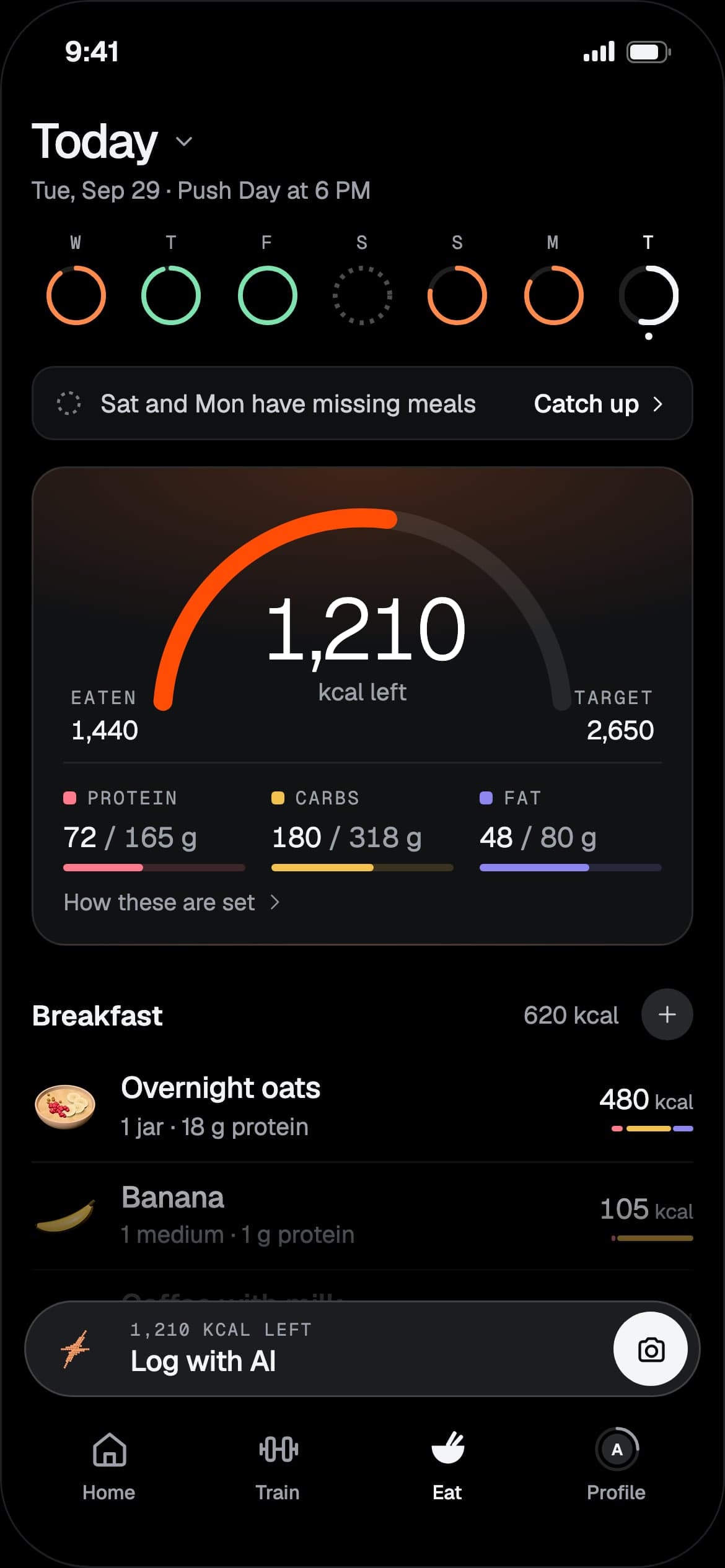 Eat: 1,210 kcal left in an orange ring, with protein, carbs and fat tracks