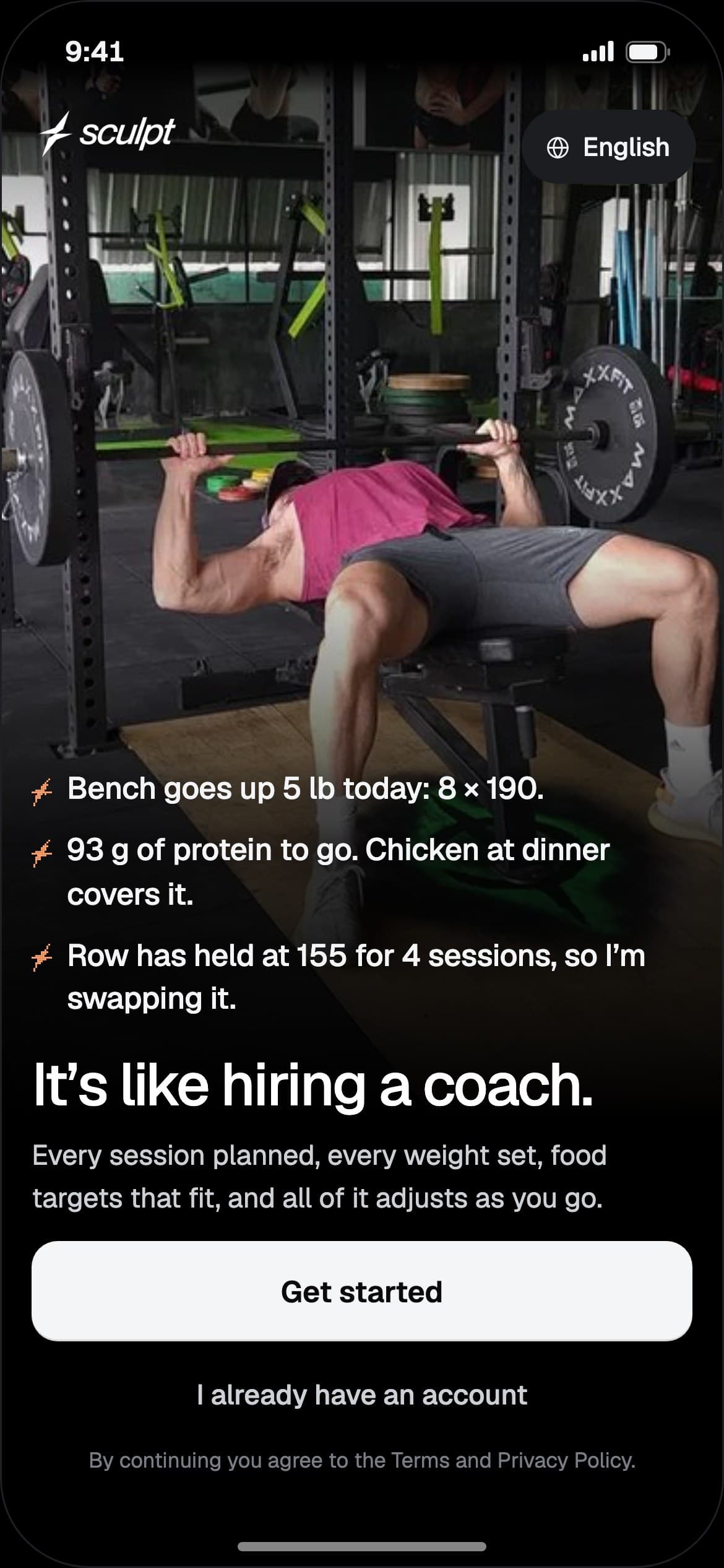 Welcome screen: a lifter at the bench press behind “It’s like hiring a coach.”, three coach lines (bench up 5 lb to 8 × 190, 93 g protein to go, a stalled row swapped) and a white Get started button