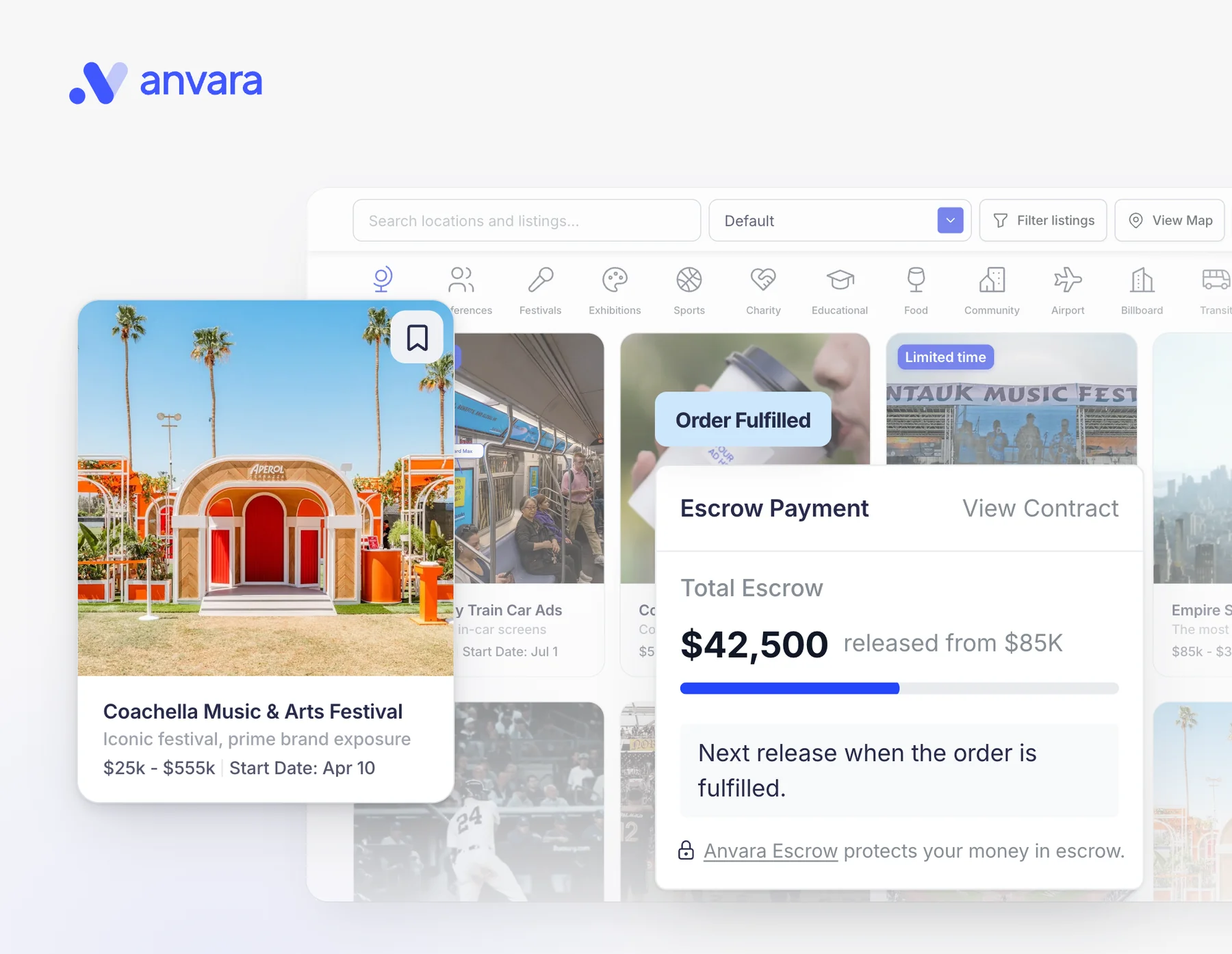 Anvara: a listing card and an escrow card over the marketplace, rebuilt from code