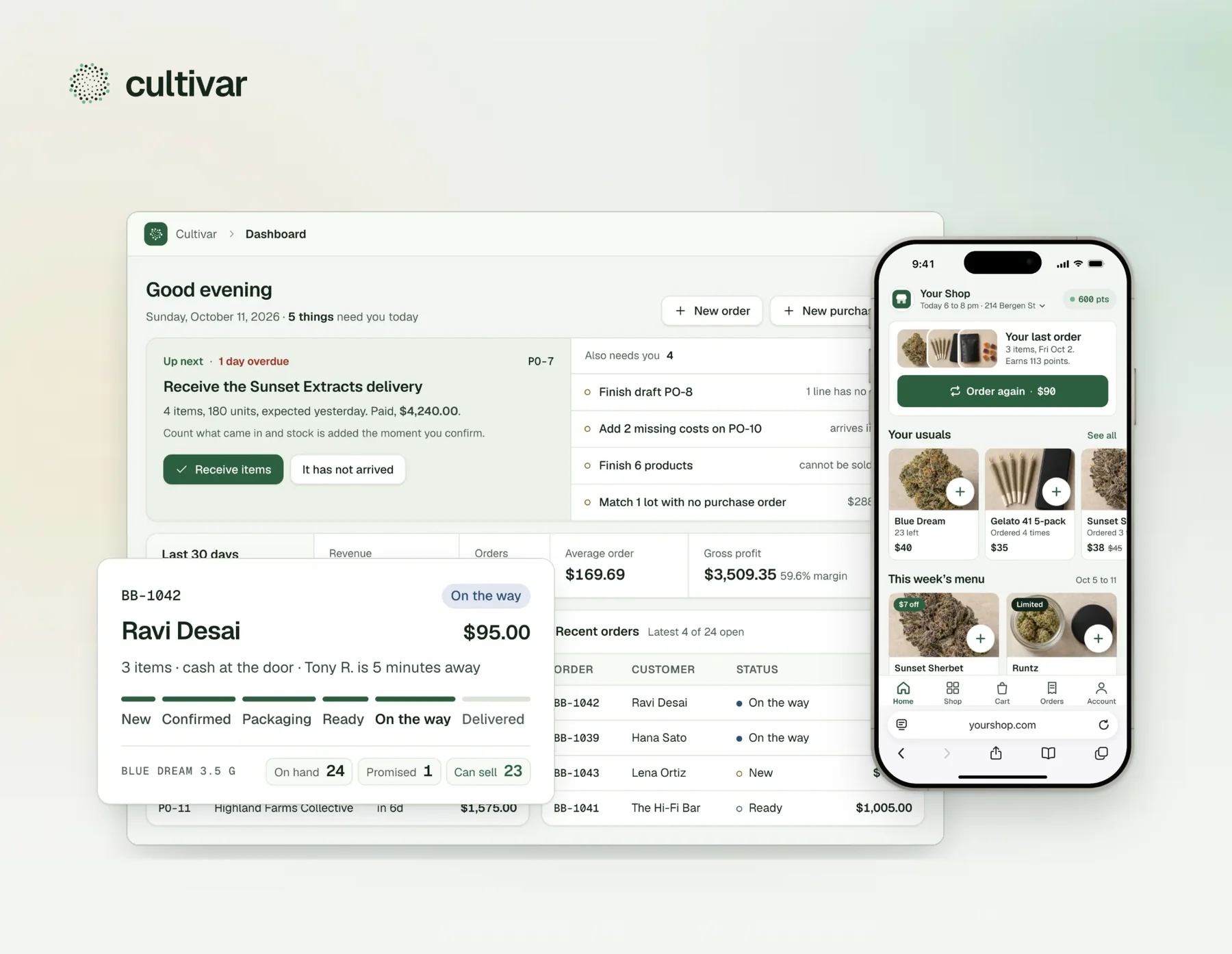 Cultivar: the admin dashboard, the shop's storefront on a phone, and order BB-1042 for Ravi Desai, on the way