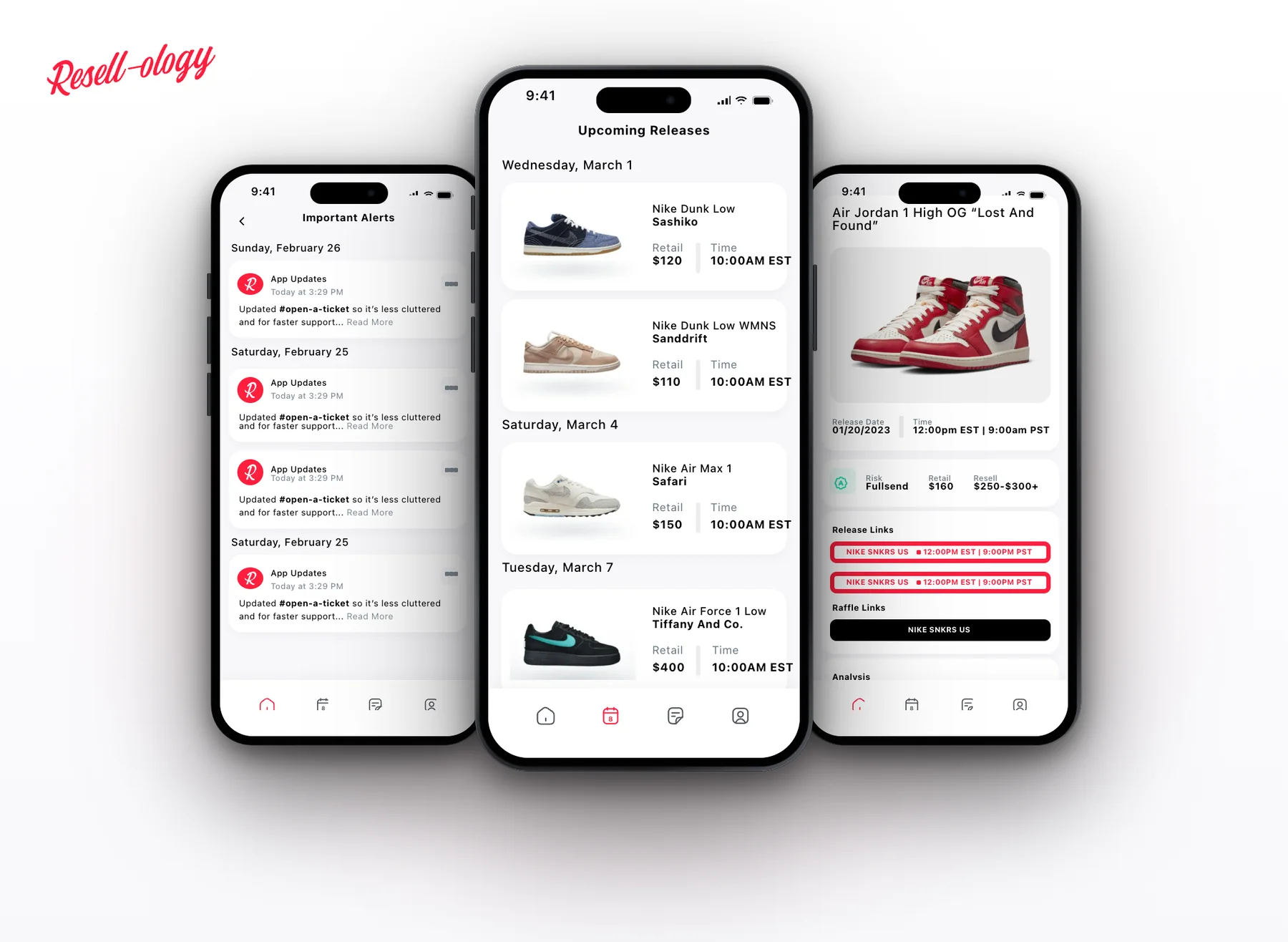Resellology on three iPhones: important alerts, upcoming releases and a release detail