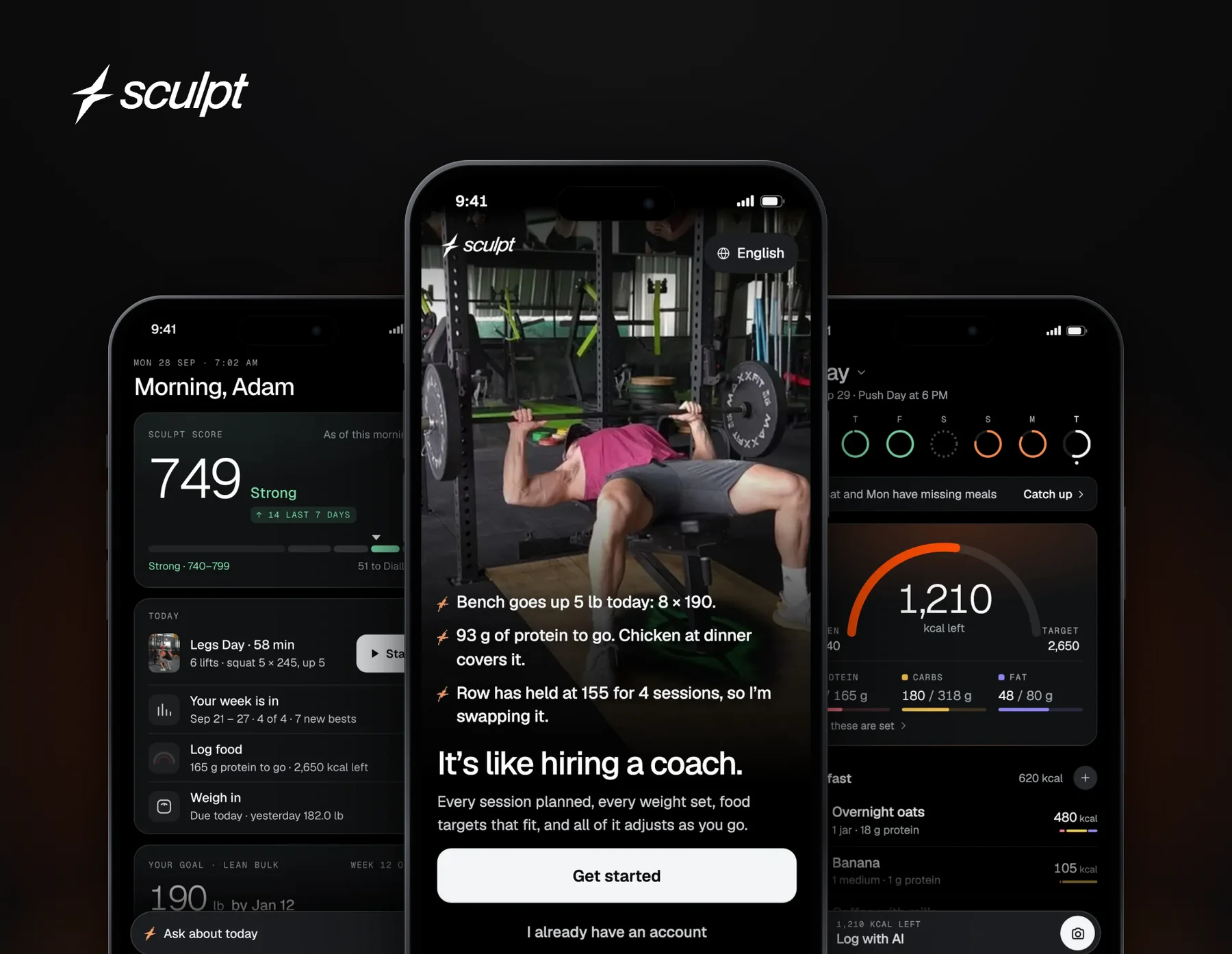 Three Sculpt iPhone screens under the Sculpt wordmark: home with the Sculpt Score, the welcome screen, and today's calories