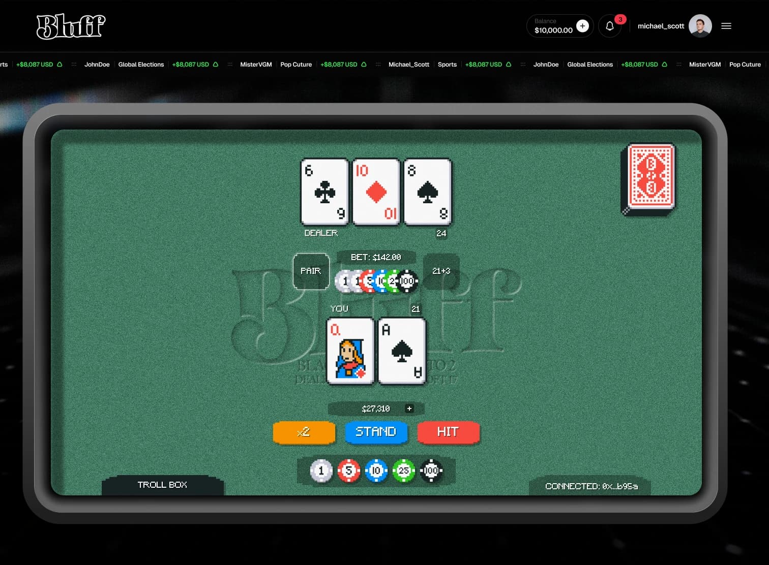 Bluff blackjack on desktop: pixel-art cards on the felt, the bet ring with Pair and 21+3, x2, Stand and Hit