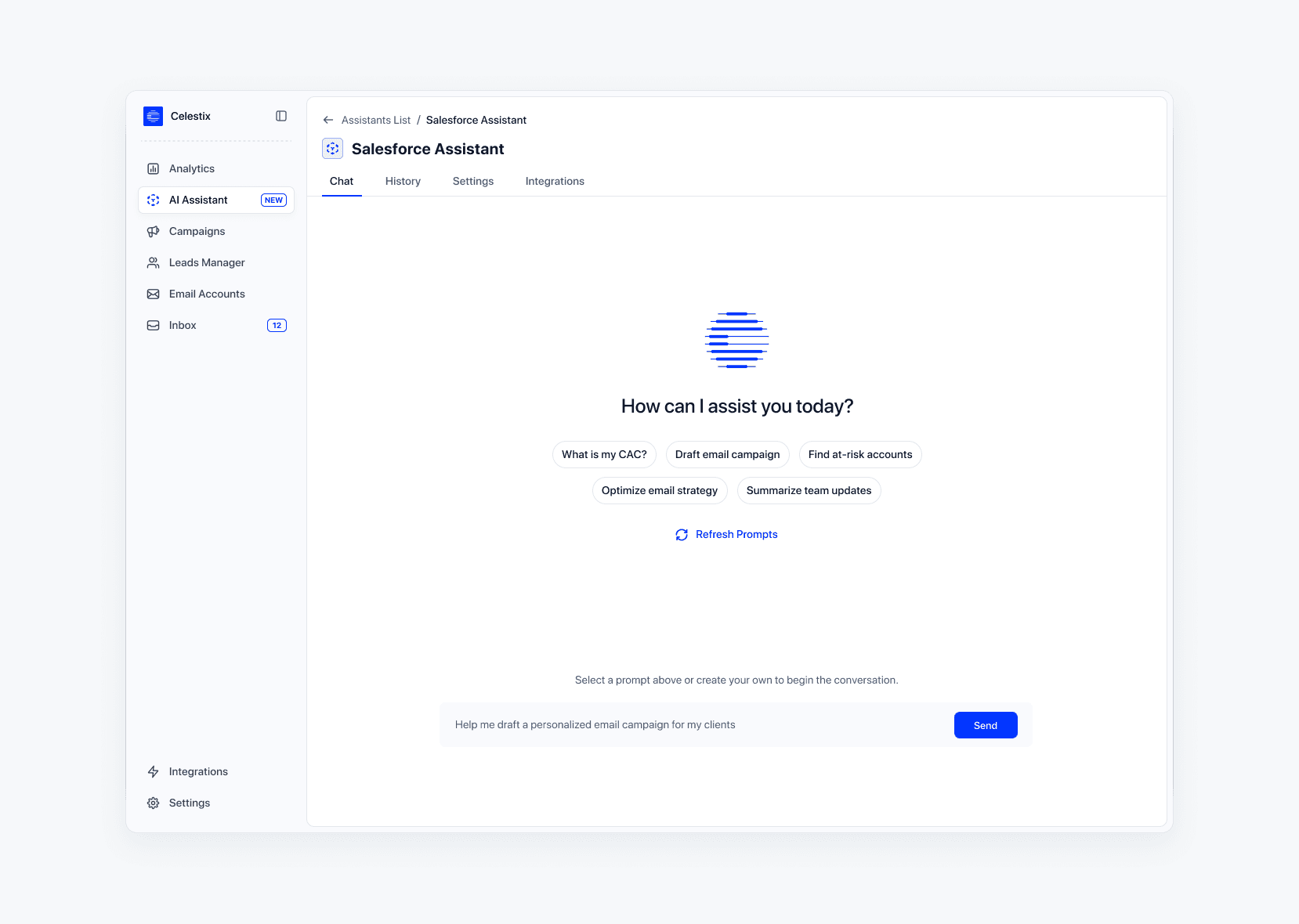 Celestix AI Assistant: “How can I assist you today?” above prompt chips like Draft email campaign and Find at-risk accounts