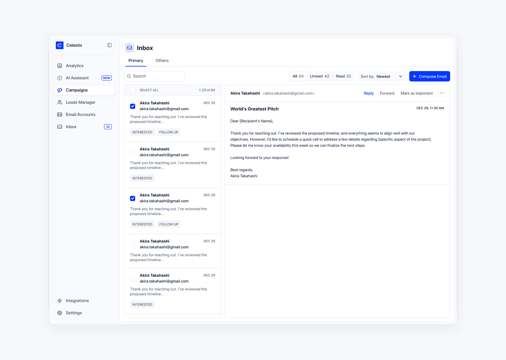 Celestix Inbox: replies tagged Interested and Follow up, with one email open in the reading pane
