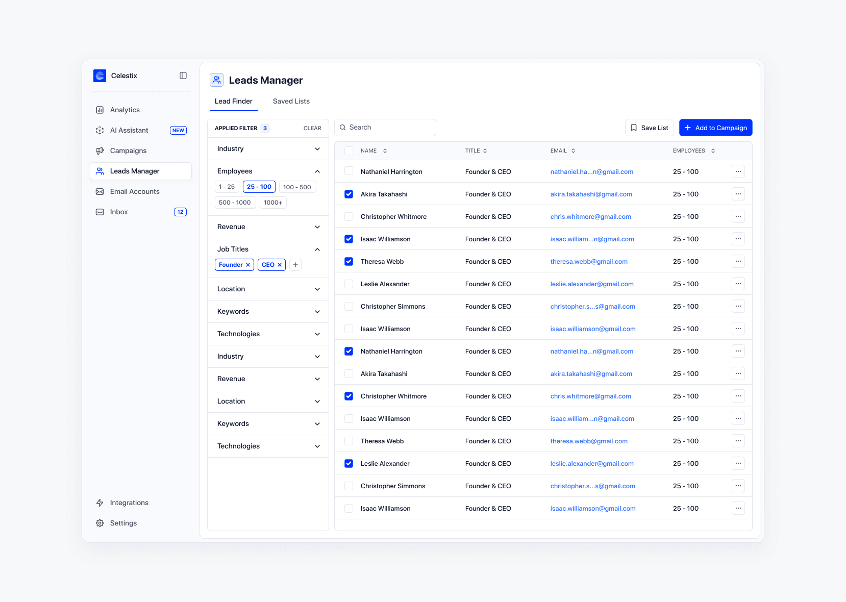 Celestix Leads Manager: the Lead Finder, with filters for employees and job titles beside a table of founders, some checked for a campaign