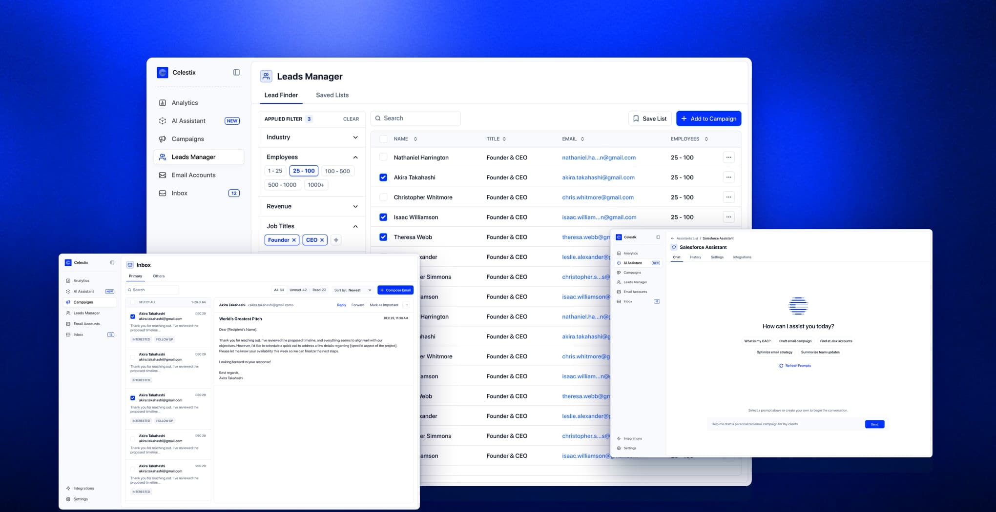 Celestix on its brand blue: the Leads Manager, the Inbox and the AI Assistant