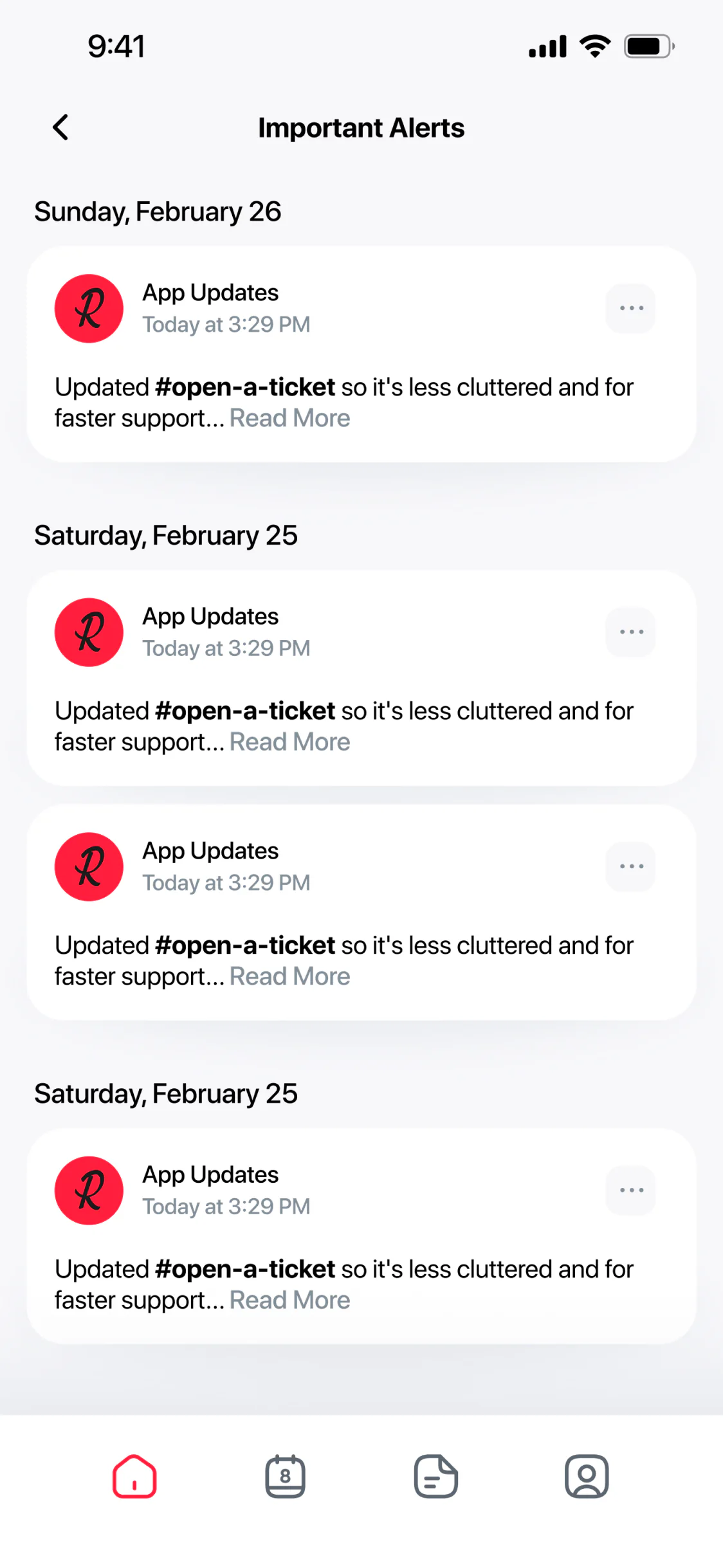 Important Alerts: a feed of dated alert cards, each with a title, a time and a Read More link