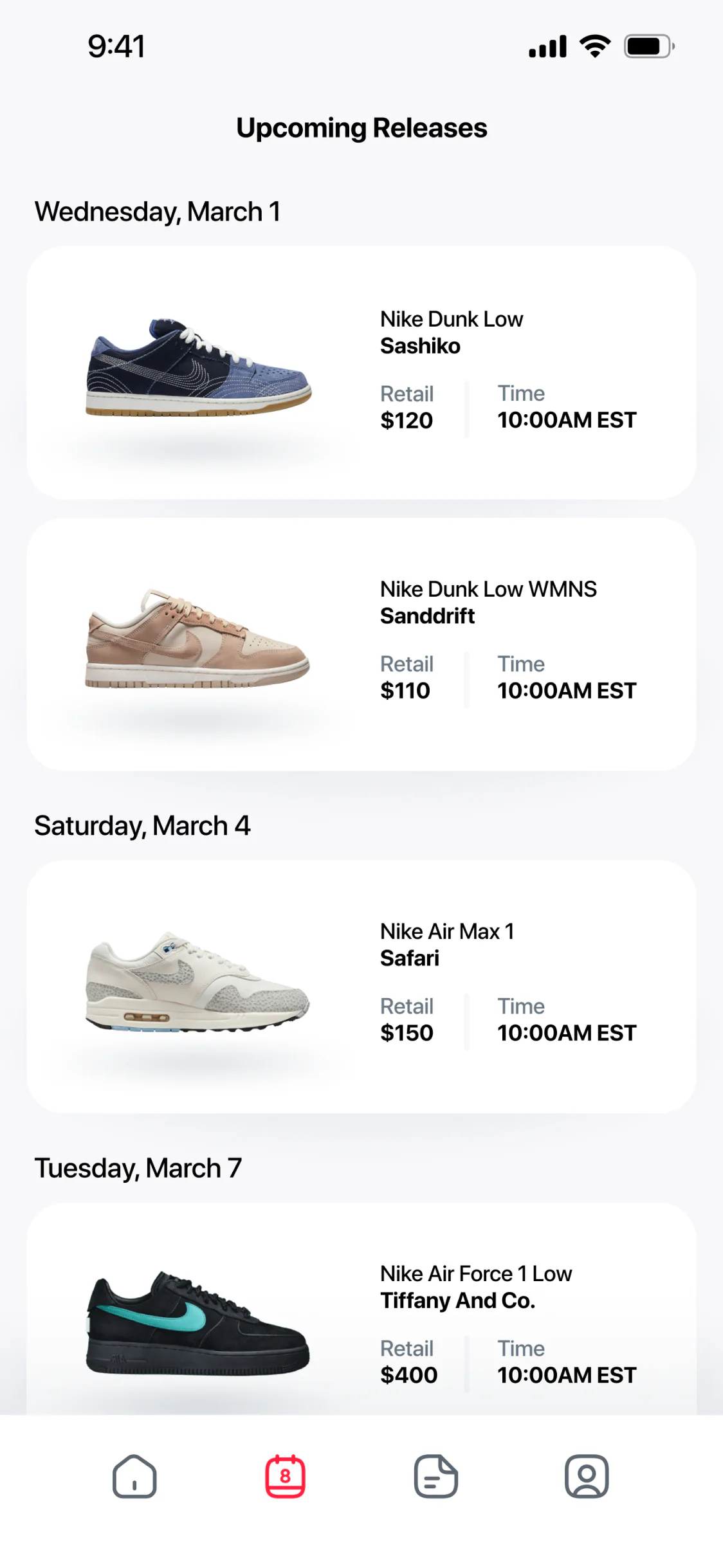 Upcoming Releases grouped by day: each sneaker with its retail price and drop time