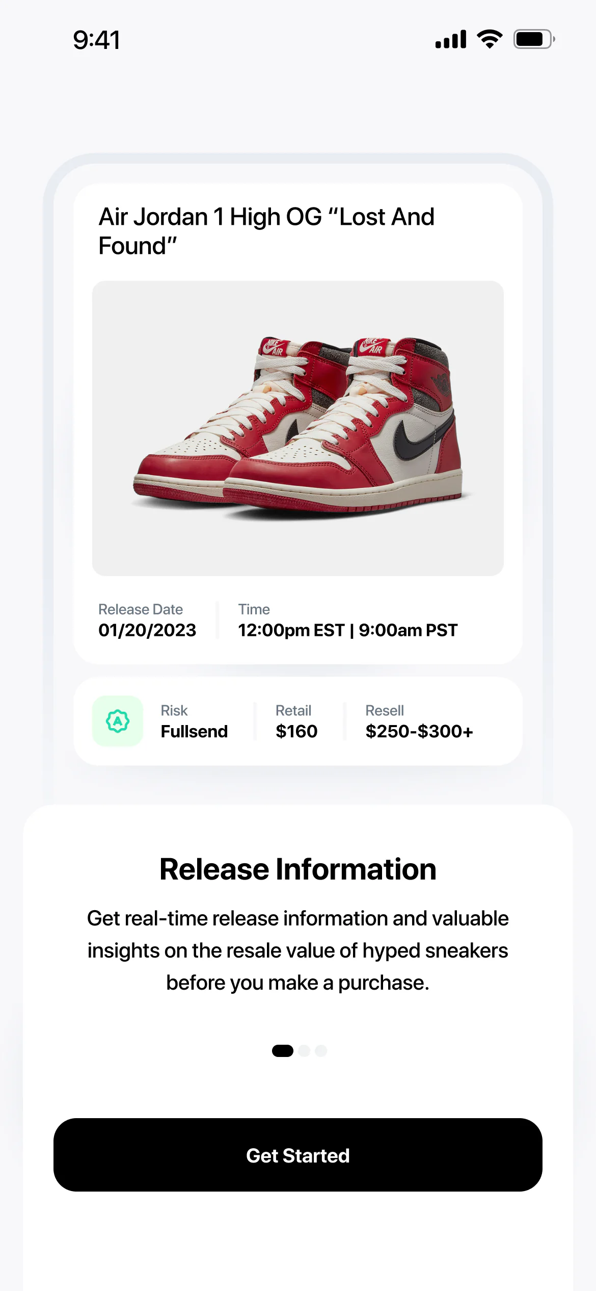 Onboarding, Release Information: the Air Jordan 1 High OG Lost And Found card with its date, time, risk, retail and resell range