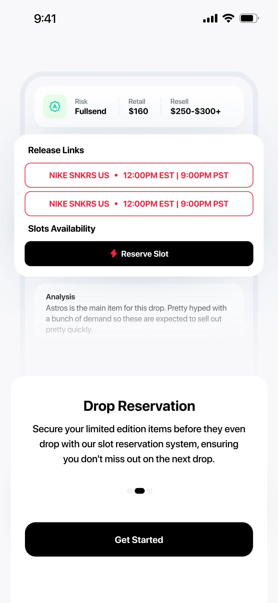 Onboarding, Drop Reservation: release links for Nike SNKRS US and a Reserve Slot button