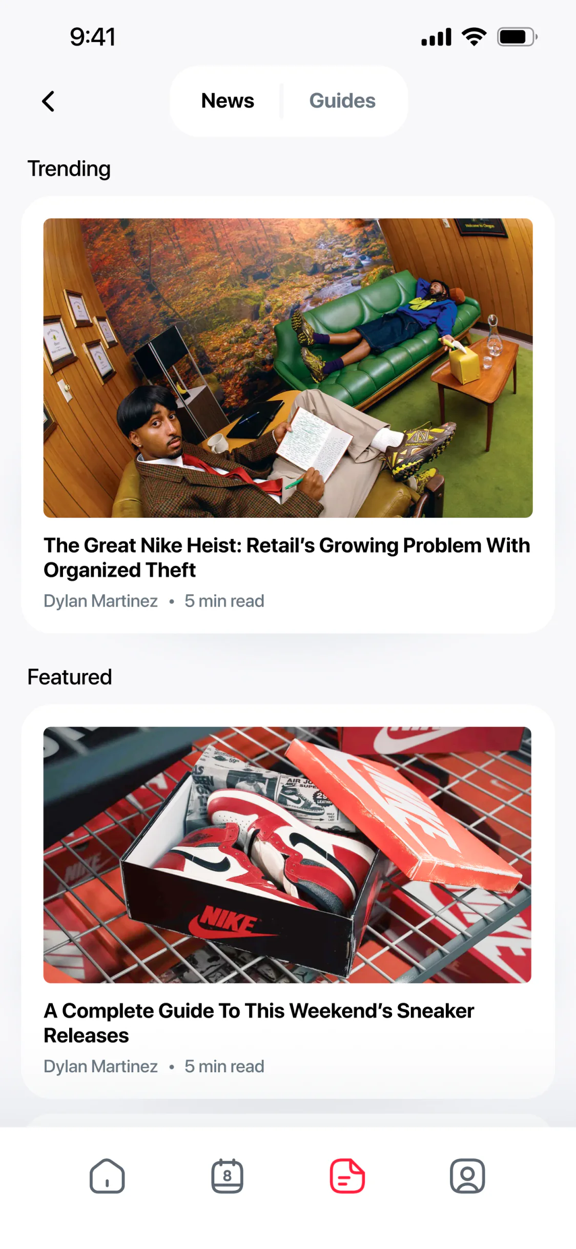 News: a trending story and a featured weekend release guide, each with its author and read time