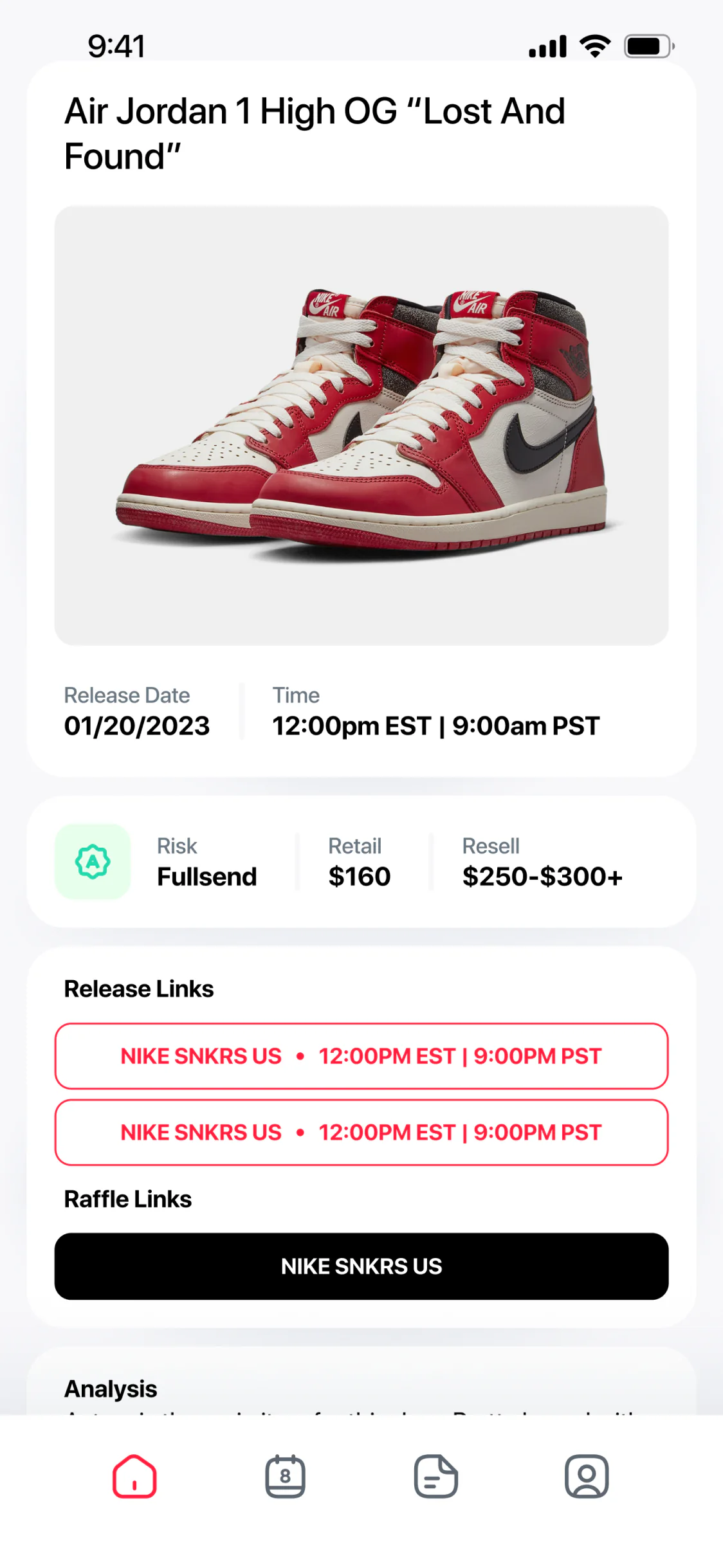Release page for the Air Jordan 1 High OG Lost And Found: date, time, risk, retail and resell range, release and raffle links