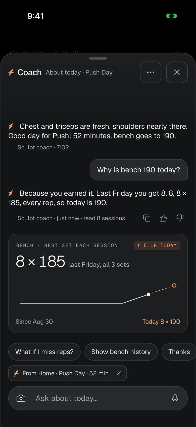 Asking the coach why bench is 190 today: last Friday's 8, 8, 8 at 185, and the best set each session on a chart