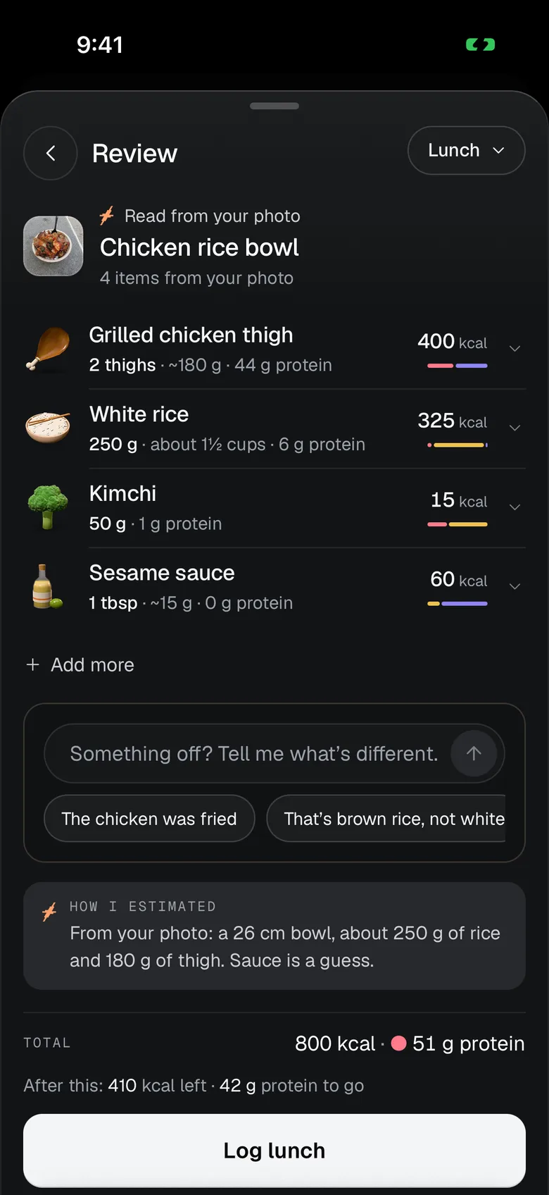 The review: a chicken rice bowl read from the photo as four items, each with its portion, calories and protein