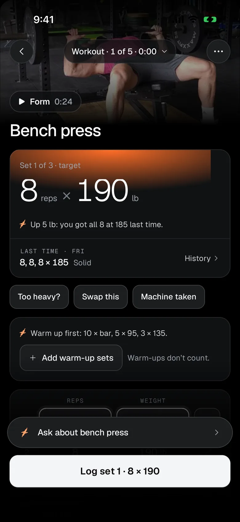 Bench press: the target of 8 reps at 190 lb, up 5 lb because all 8 went up at 185 last time
